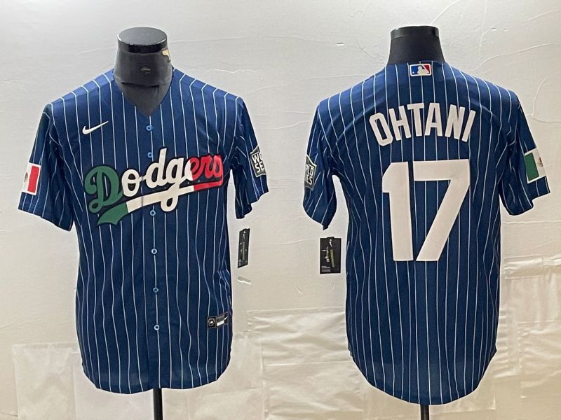 Men Los Angeles Dodgers #17 Ohtani Blue stripe Nike Game MLB Jersey style 5